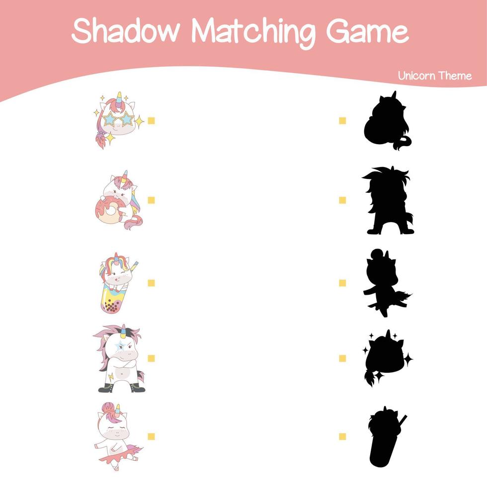 Unicorn matching shadow game for Preschool Children. Educational printable worksheet. Matching the images with the shadow worksheet. Motoric movements. vector