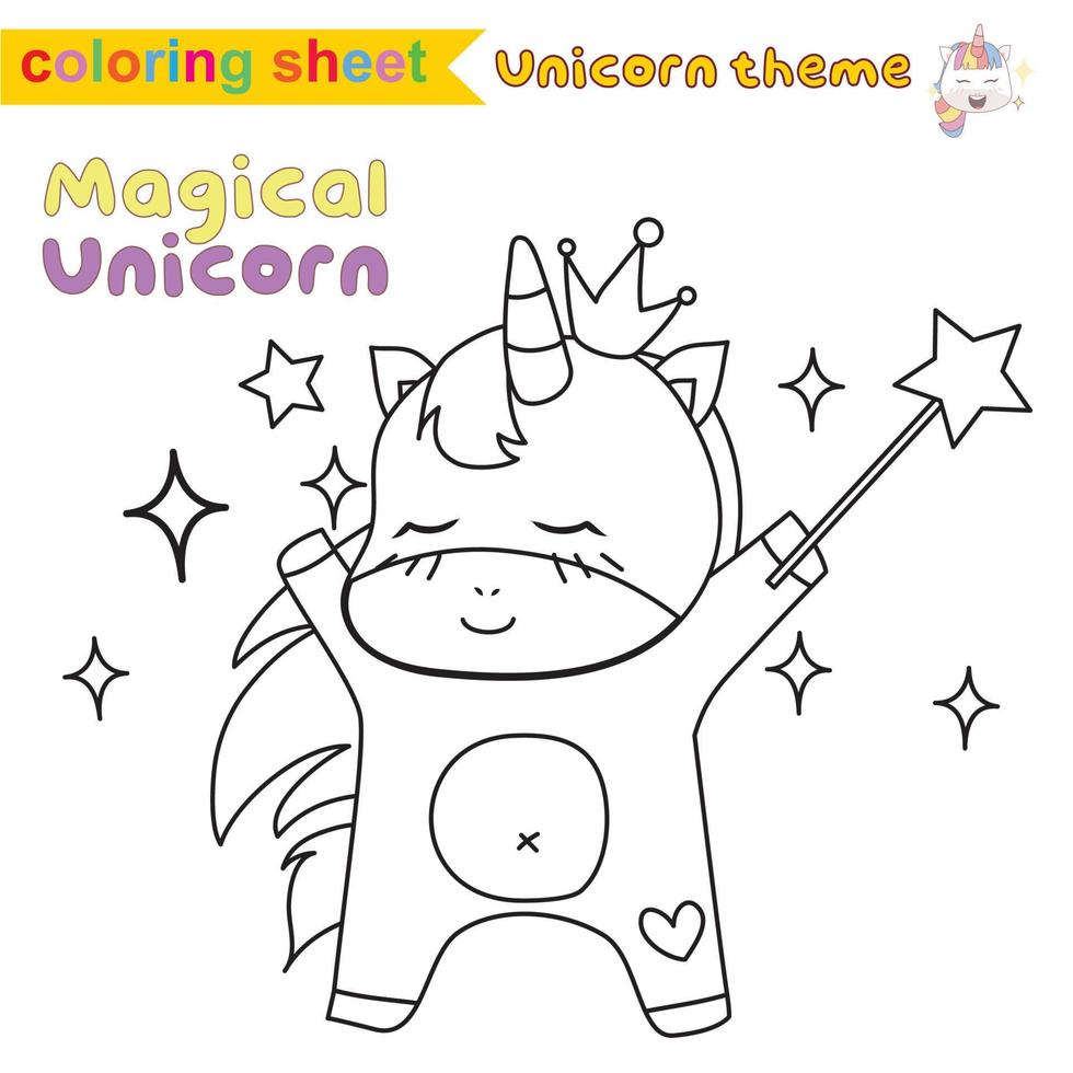 Unicorn coloring worksheet page. Coloring activity for children. Cute unicorn illustration. Vector outline for coloring.