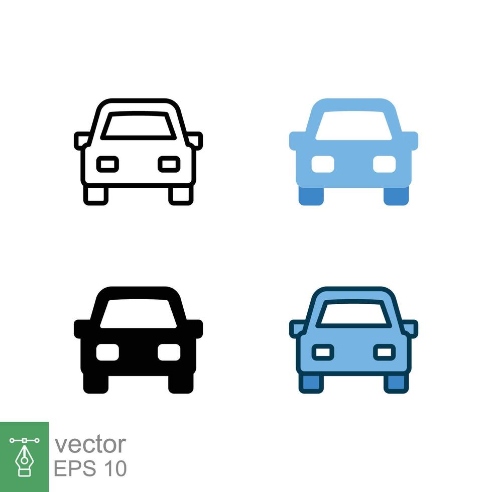 Car front icon in different style. Colored and black color car front view vector icons designed in filled outline, line, glyph and solid style. Vector illustration isolated on white background. EPS 10