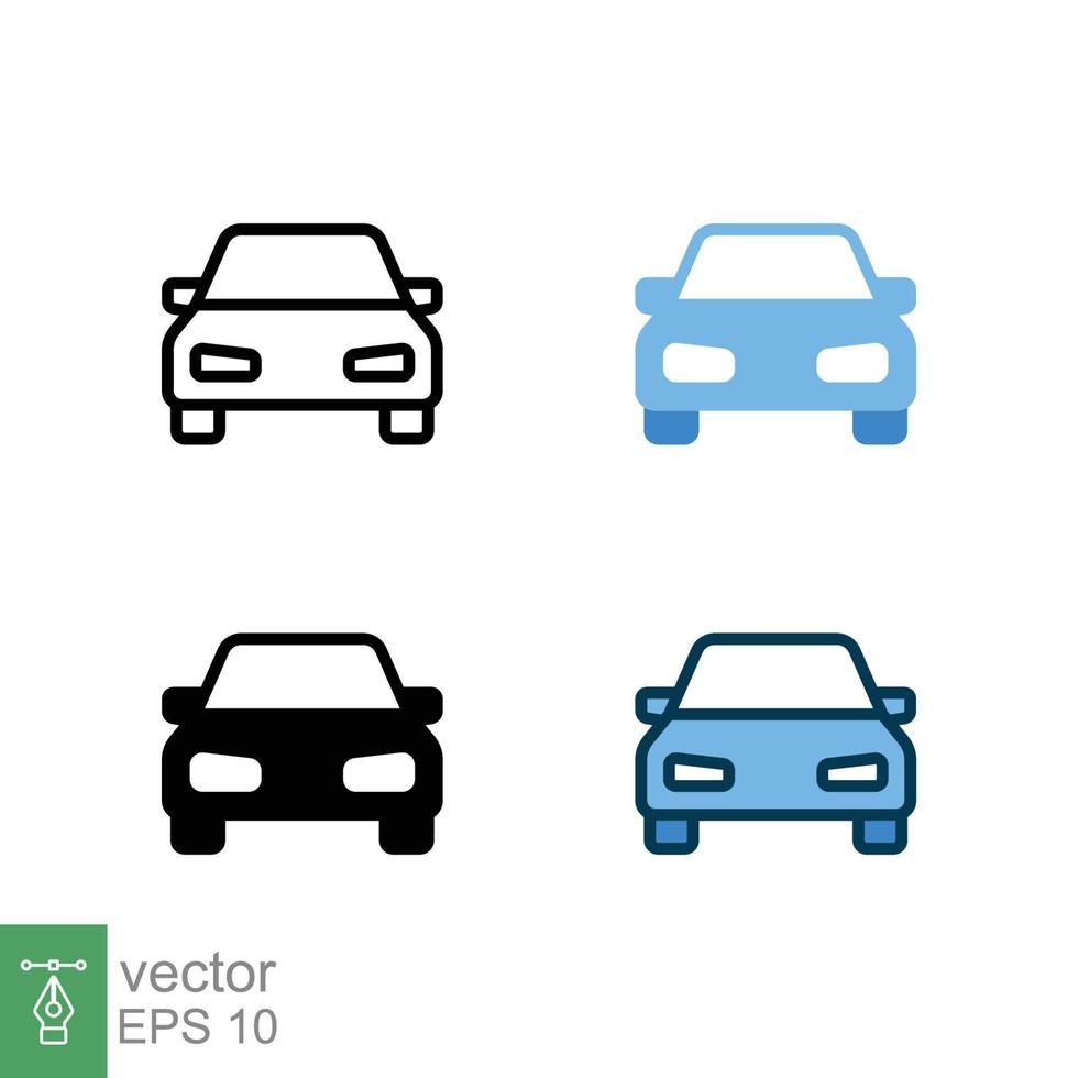 Car front icon in different style. Colored and black color car front view vector icons designed in filled outline, line, glyph and solid style. Vector illustration isolated on white background. EPS 10