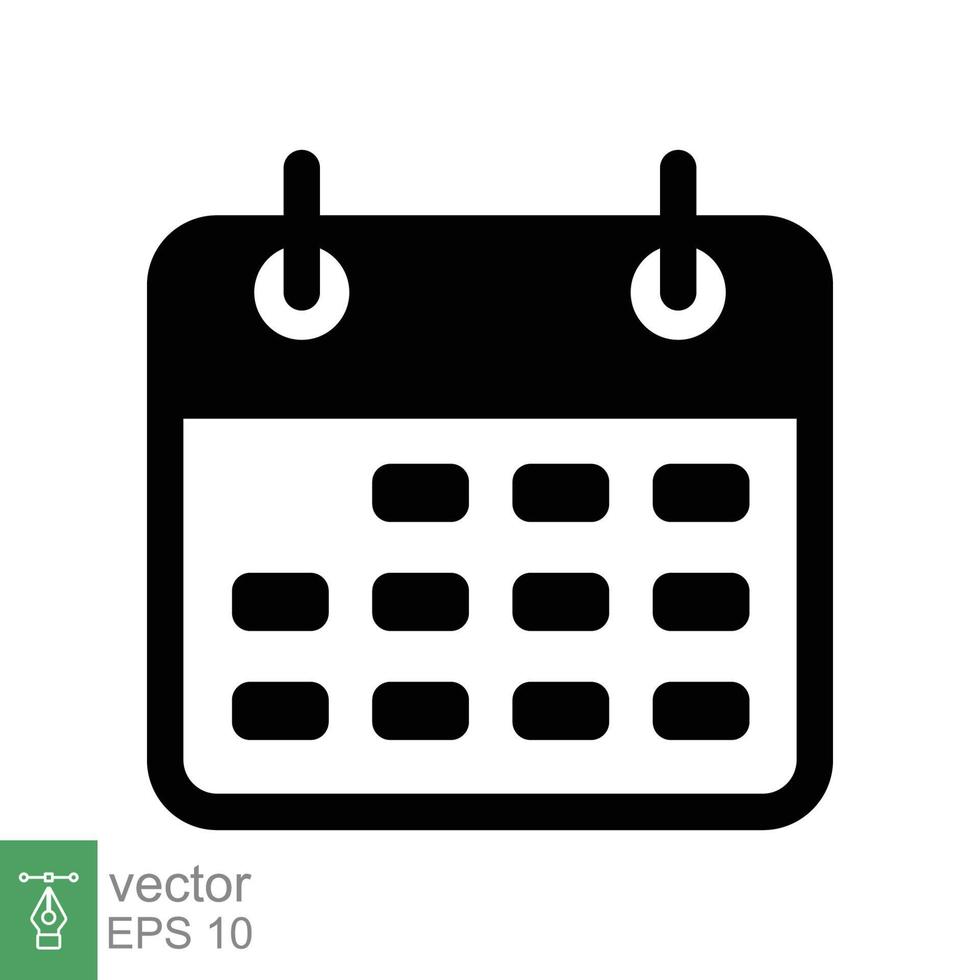 Calendar glyph icon. Simple solid style. Schedule, date, day, plan, symbol concept. Vector illustration isolated on white background. EPS 10.