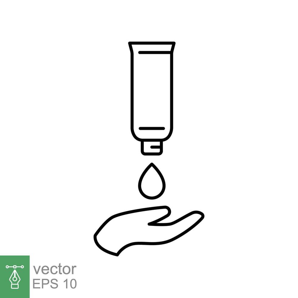 Hand applying lotion cream line icon. Simple outline style. Balm, skin care, pictogram, beauty symbol concept graphic design. Vector illustration isolated on white background. EPS 10.