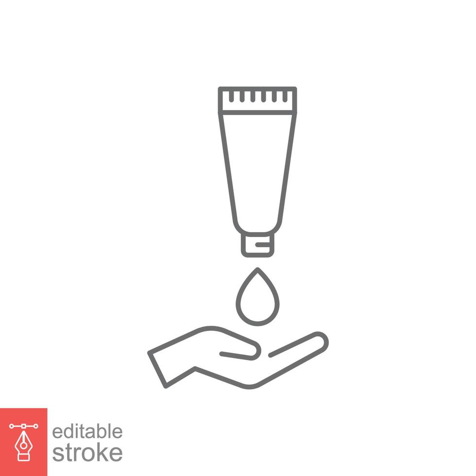 mano aplicando el icono de la línea de crema de loción. estilo de esquema simple. bálsamo, cuidado de la piel, pictograma, diseño gráfico del concepto de símbolo de belleza. ilustración vectorial aislado sobre fondo blanco. trazo editable eps 10. vector