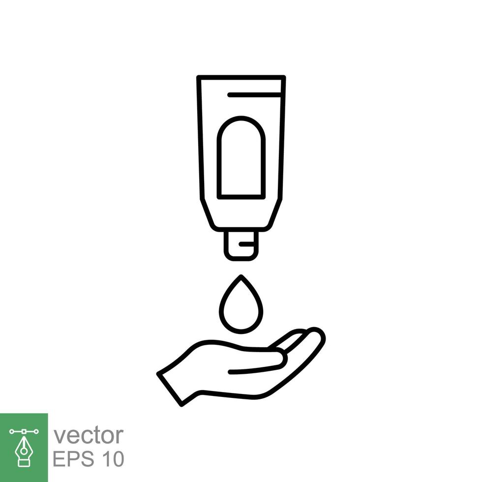 Hand applying lotion cream line icon. Simple outline style. Balm, skin care, pictogram, beauty symbol concept graphic design. Vector illustration isolated on white background. EPS 10.