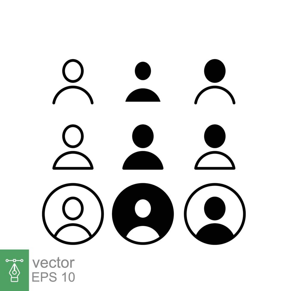 conjunto de línea de usuario y avatar e icono de glifo. esquema simple y estilo sólido. humano, inicio de sesión, persona, hombre, personas, neutral, único, concepto de cabeza para diseño web. ilustración vectorial aislada. eps 10. vector