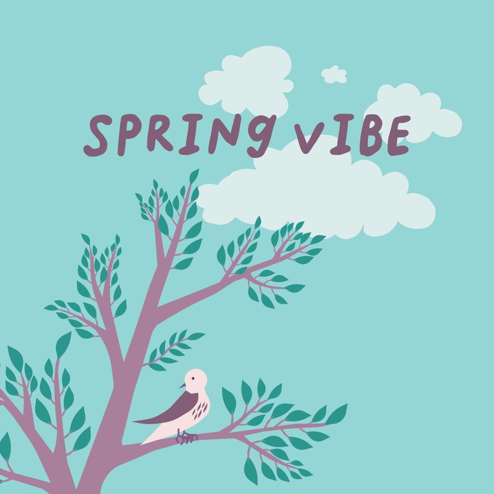 Square vector illustration with a tree, a bird, sky and clouds, with caption Spring vibe
