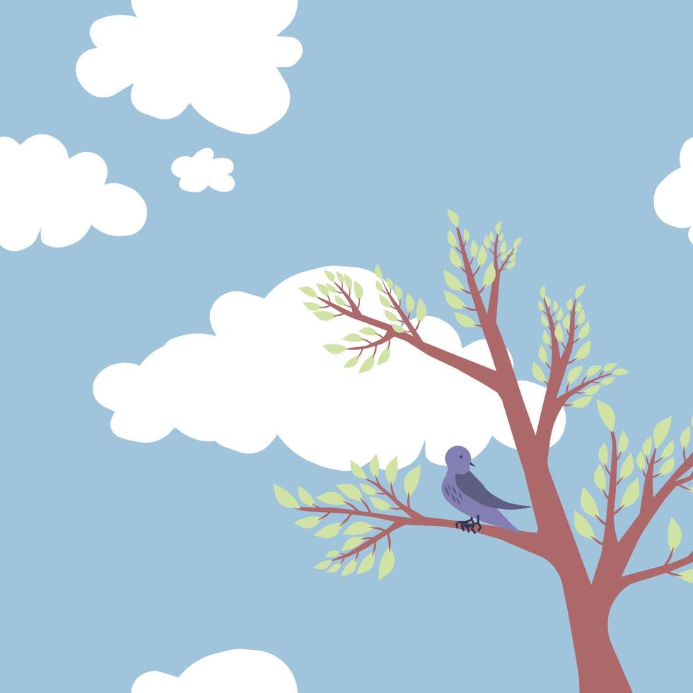 Square vector illustration with a bird sitting on a tree, blue sky and clouds