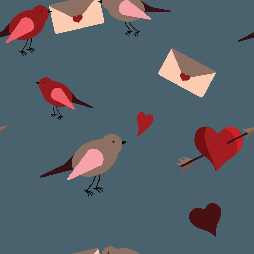 Vector seamless pattern with birds, hearts and love letters on blue. Suitable for apps, web pages, social media, cards, templates, Valentine's day cards, invitations, textile or paper prints etc