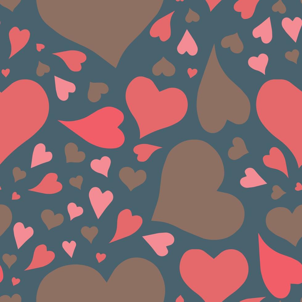 patrón transparente de vector con corazones. rosa pastel, beige, marrón claro sobre fondo azul. adecuado para web, redes sociales, aplicaciones, impresión de papel de tela o envoltura, tarjetas de felicitación, etc.