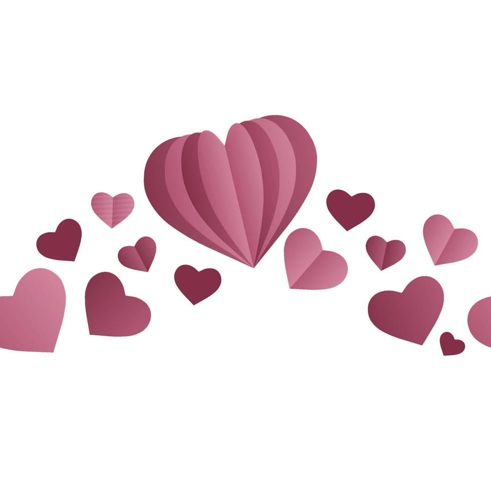 Vector seamless border pattern with pale pink hearts on white. Paper cutout effect.