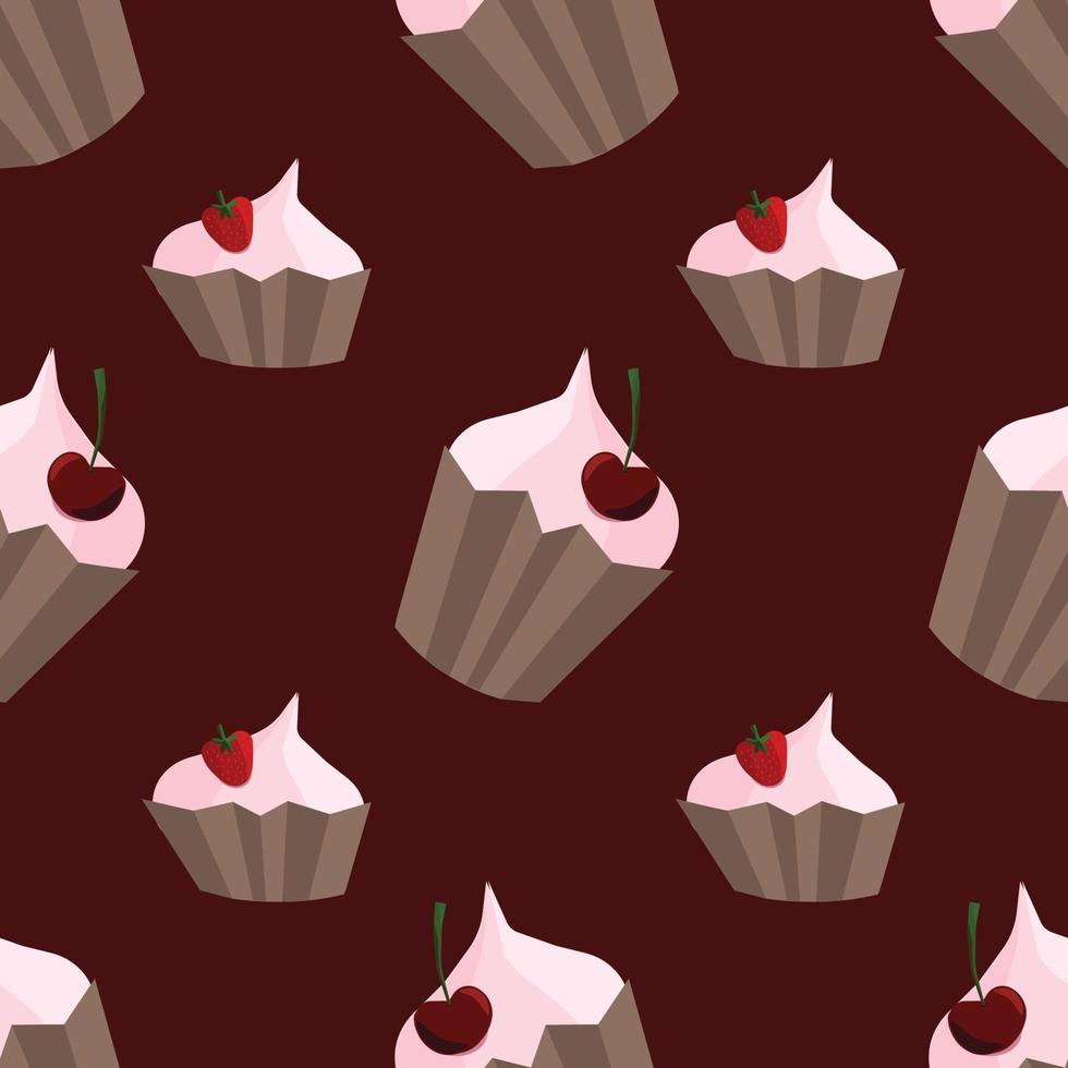 patrón transparente de vector con cupcakes lindos sobre fondo rojo oscuro. adecuado para aplicaciones, páginas web, redes sociales, tarjetas, plantillas, tarjetas de san valentín, invitaciones, estampados textiles o en papel, etc.