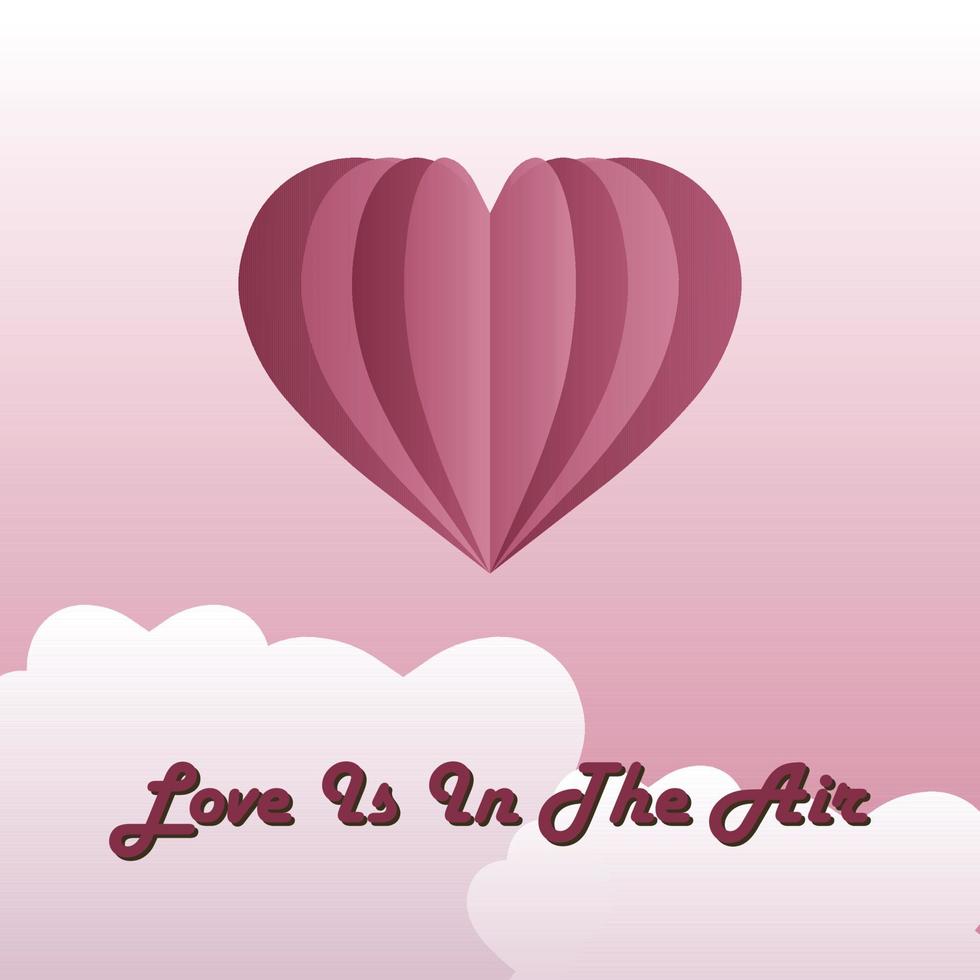 Square vector illustration of a heart-shaped balloon and clouds with text Love is in the air. Suitable for postcards, social media templates, Valentine's day cards, party invitations etc.