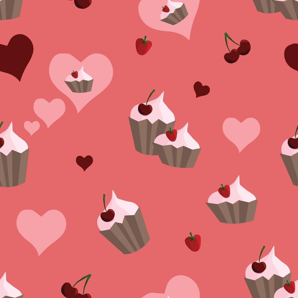 Vector seamless pattern with cute cupcakes, strawberries, cherries and hearts on pink. Suitable for apps, web pages, social media, Valentine's day cards, invitations, textile or paper prints.