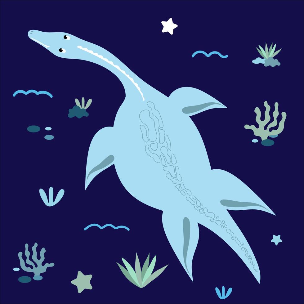 Cute blue dinosaur drawing in children's style with decorative elements. Plesiosaur in deep water vector