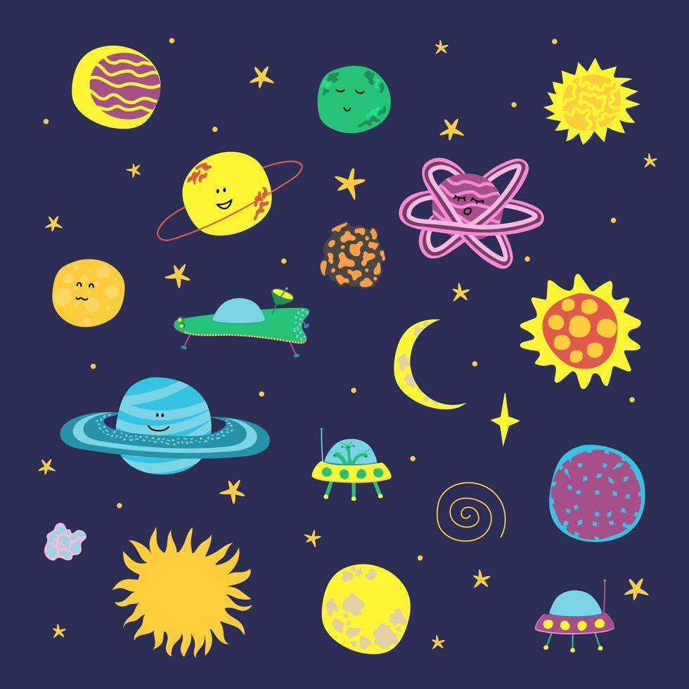 Deep space childish vector illustration. Various planets, stars, asteroids, alien ships.