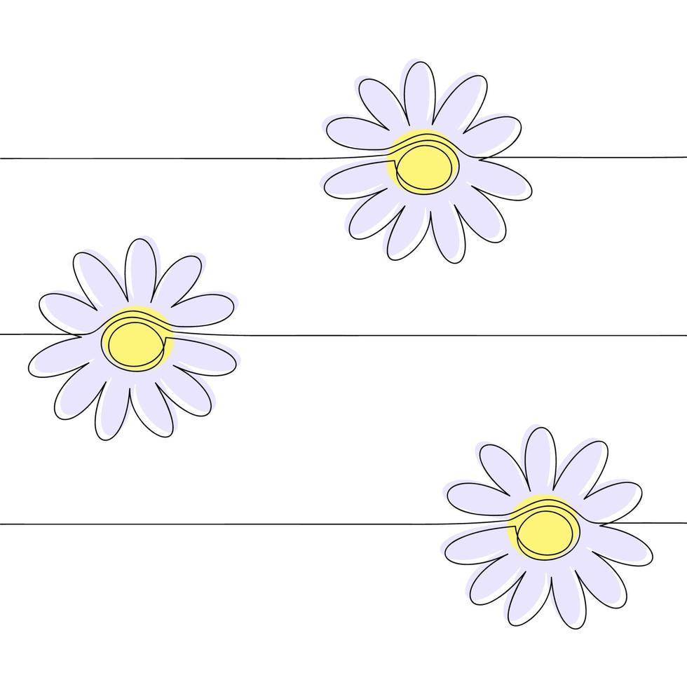 Three purple chamomile drawn in one line on a white background. vector