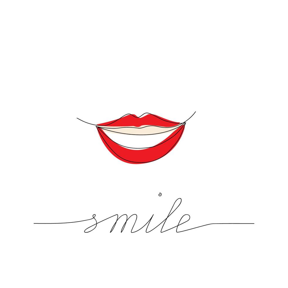 trend picture smiling red lips on white background. An image drawn with a continuous line. Concept for logo, flyer, banner. Text smile vector