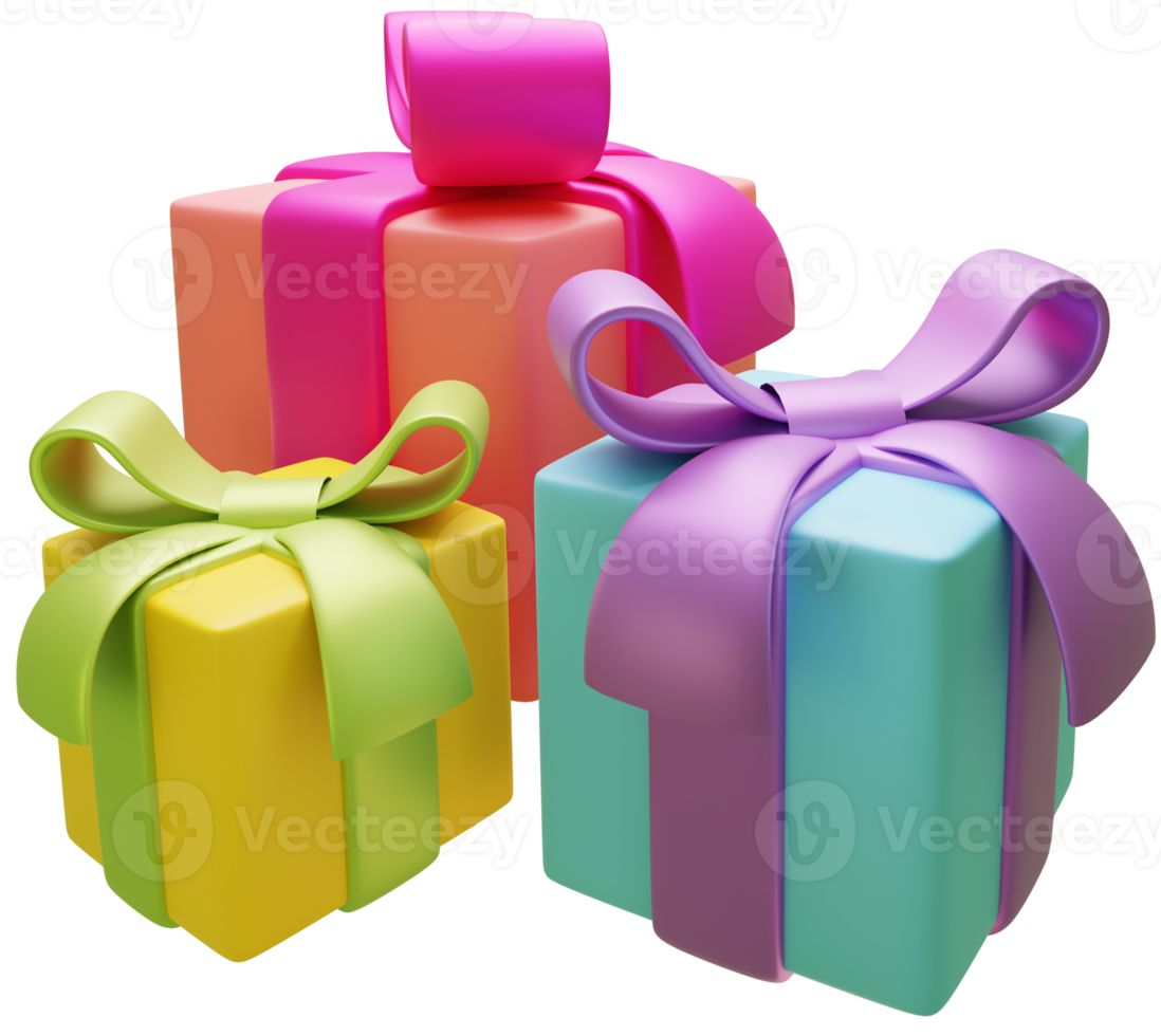 3D rendering gift boxes with colourful bows for birthday and Christmas party illustration png