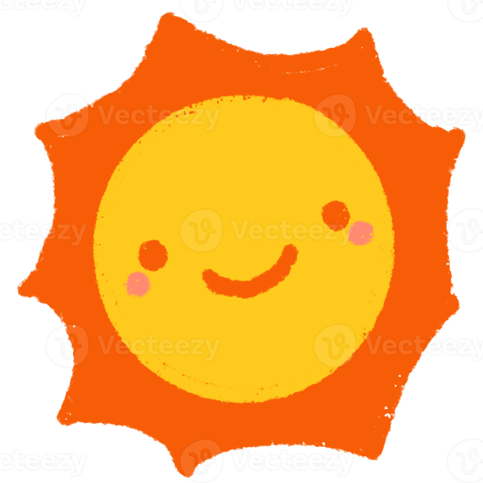 Cute sun cartoon in crayon drawing style illustration for sticker emoji icon use png