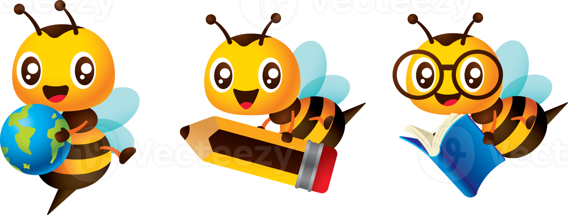 Little bee back to school collection. Cartoon honey bee education theme with holding book, pencil and globe character illustration png