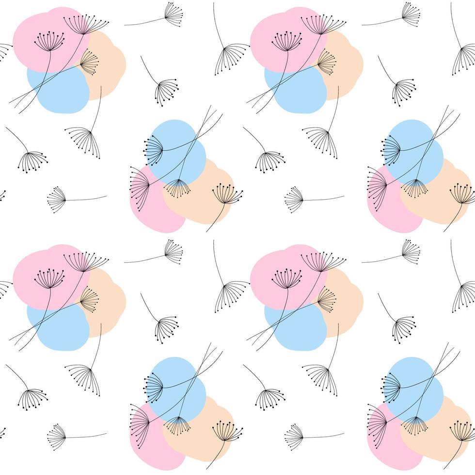 Seamless background of vector dandelions and color areas on white background.