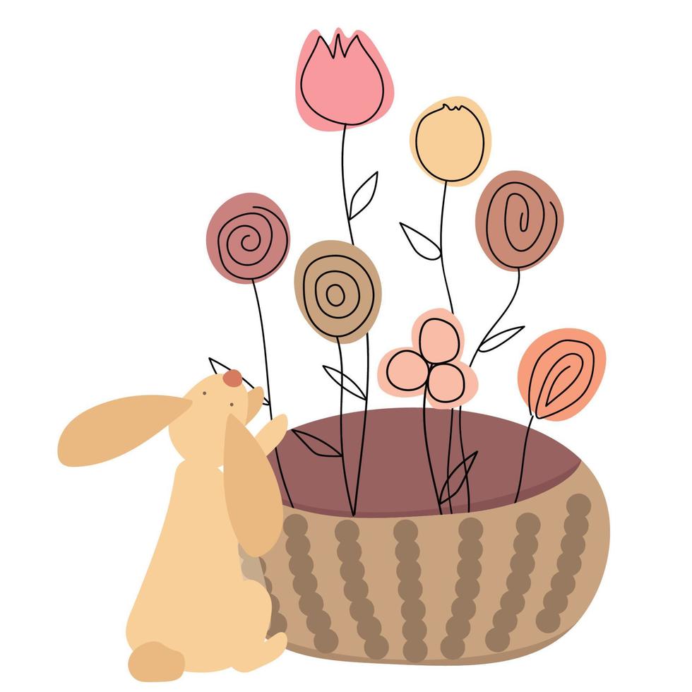 stylized rabbit and flowers in a basket drawn in boho style on a white background. vector