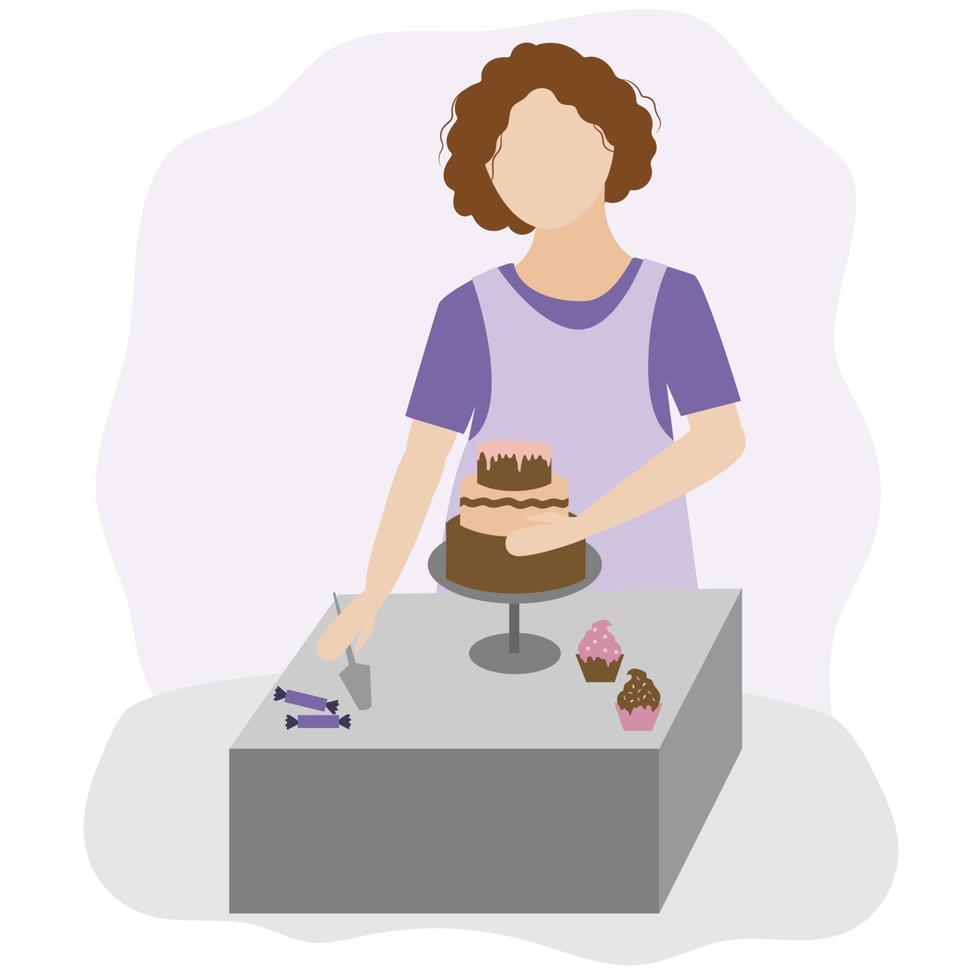 Girl confectioner with curly hair makes a cake. Small pastry-cook business. vector