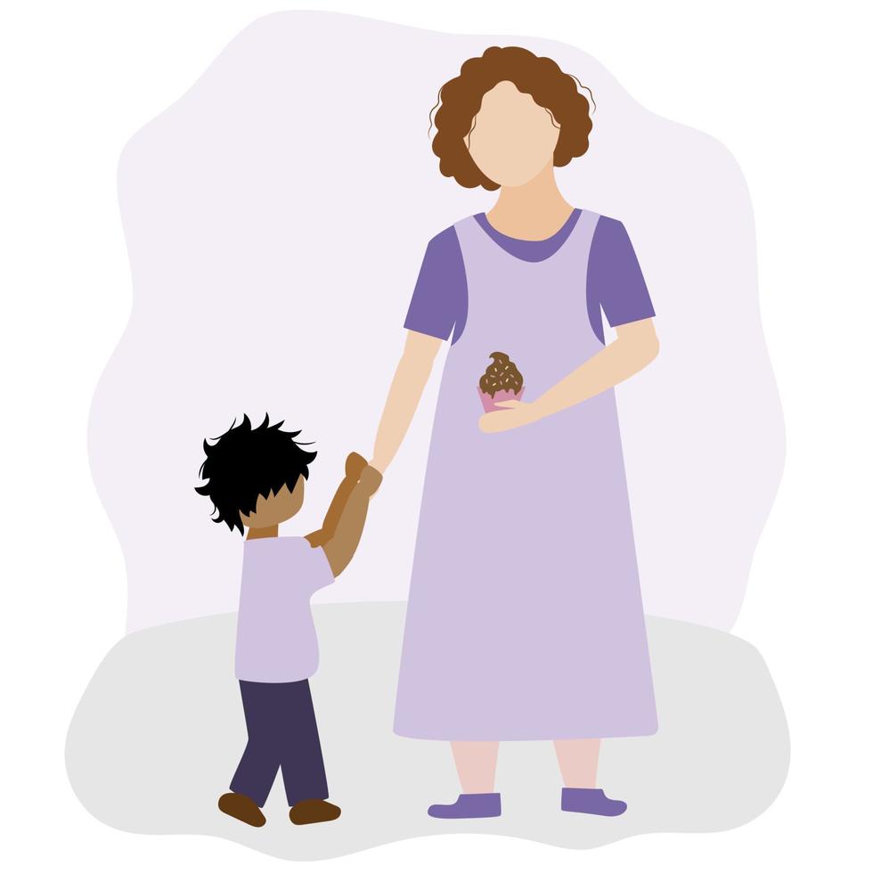 A woman treats a child with a delicious cupcake. White girl and black child with sweets. vector