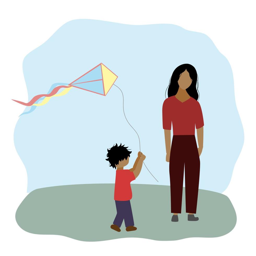 A nanny with a child is flying a kite. Brother and sister play outdoors. Mom with a child in the park vector