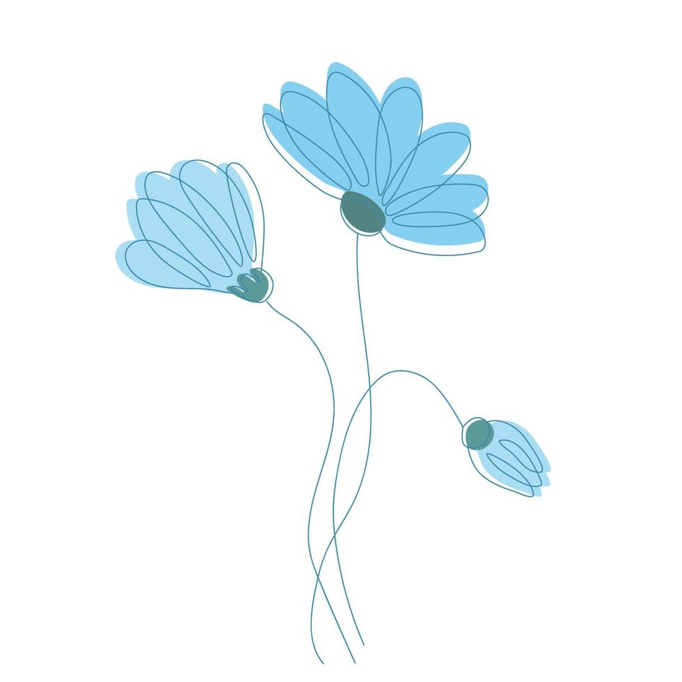 Vector blue chamomile flowers with outlined silhouette isolated on white background. Design for Logo, business card, flyer.