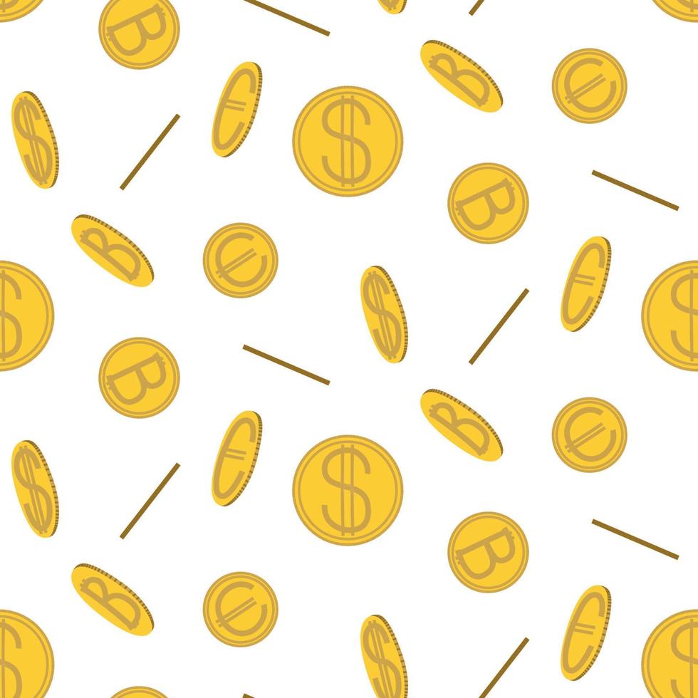 Seamless background with scattered dollar, euro and bitcoin coins. Money pattern vector