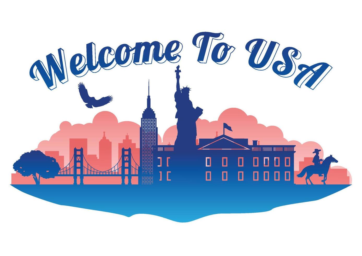 estilo de silueta de punto de referencia famoso de estados unidos en el estilo de silueta de punto de referencia famoso de la isla, bienvenido a estados unidos, viajes y turismo, ilustración vectorial vector