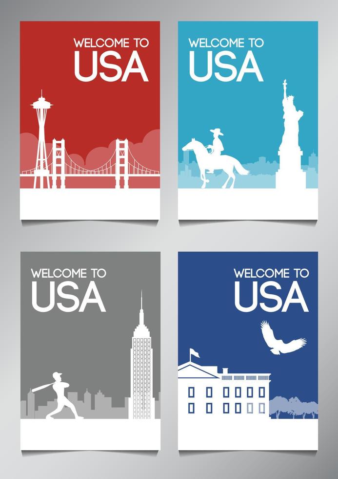 USA famous landmark and symbol in silhouette style with national flag color theme brochure set,vector illustration vector
