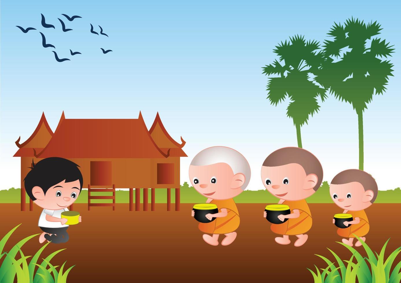 los budistas ofrecen comida a un monje o piden como favor recibir comida o pedir limosna, rutina de monje, ilustración vectorial vector