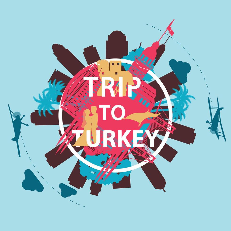 Turkey famous landmark silhouette overlay style around text,vintage design vector