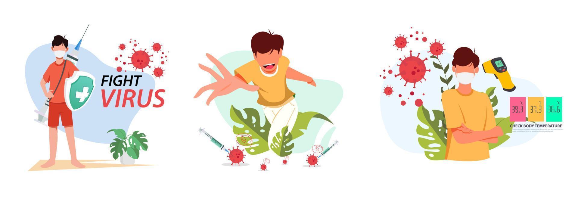 Set people fight coronavirus covid-19 virus novel 2019-ncov sars-cov2. defend and protect from virus concept vector