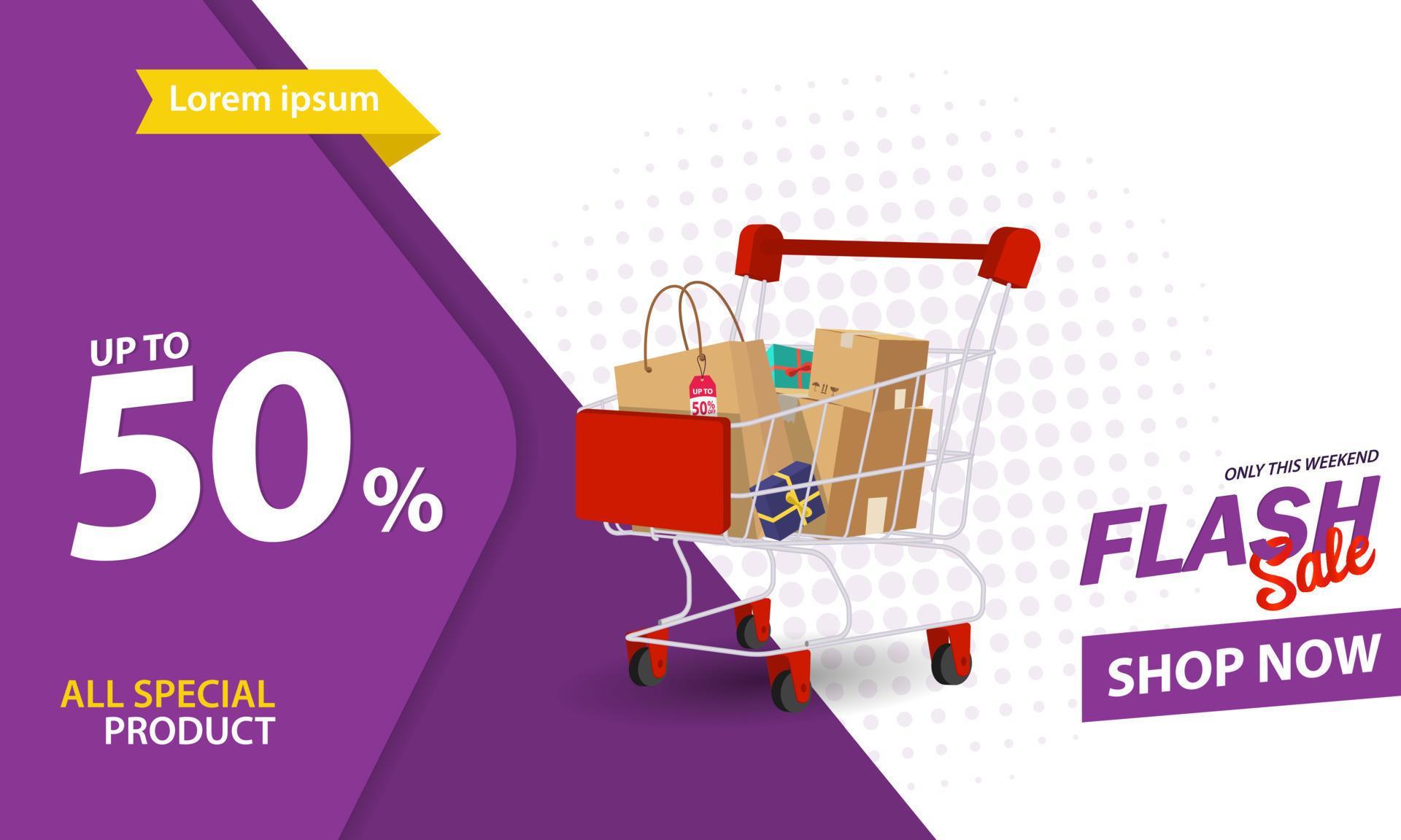 Flash sale discount banner template promotion with trolley discount 50
