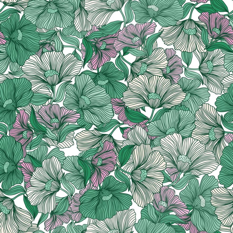 Abstract flower line seamless pattern. Delicate floral vintage outline endless background. Retro style. vector