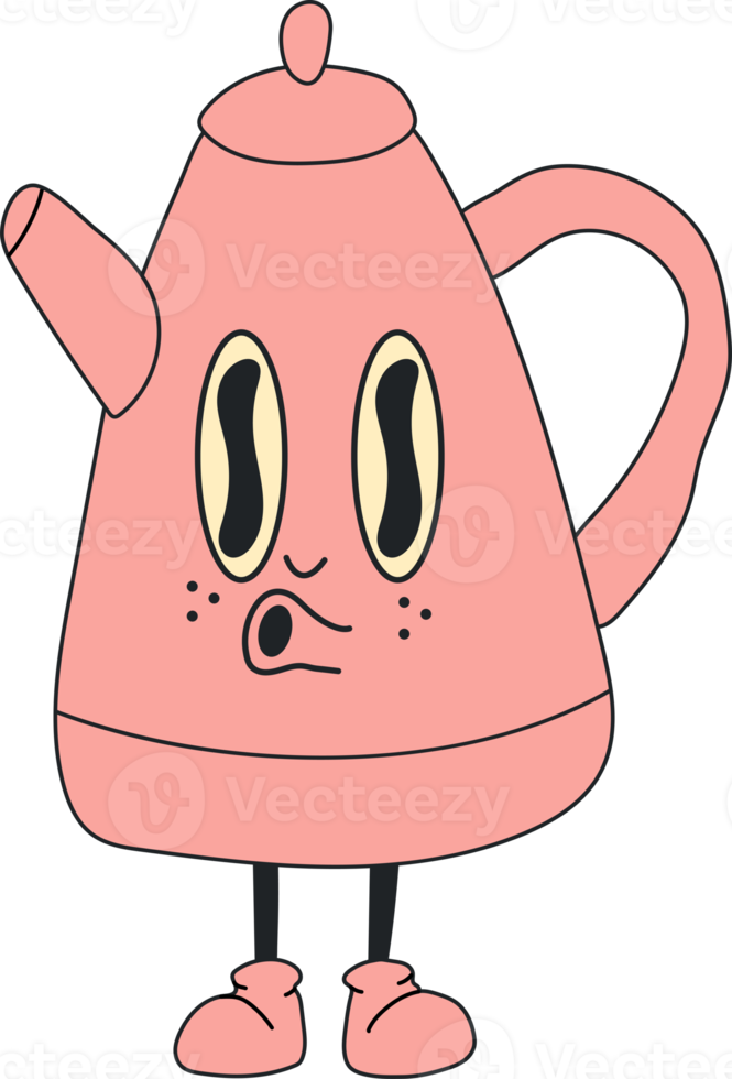 Kettle in retro cartoon style illustration, vintage character  art collection png