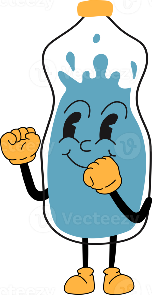 Bottle of water 30s cartoon mascot character 40s, 50s, 60s old animation style. png