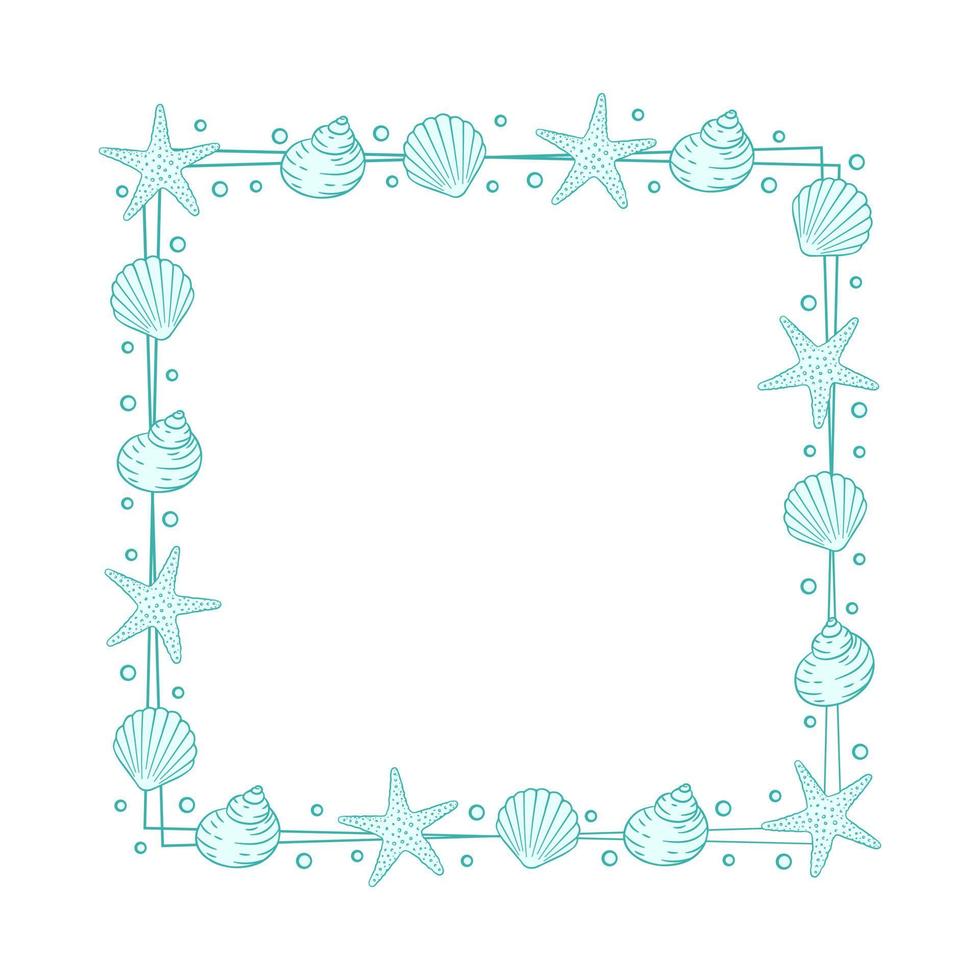 Square seashells frame. Sea and ocean design vertical template. Vector illustration summer or beach party advertising design