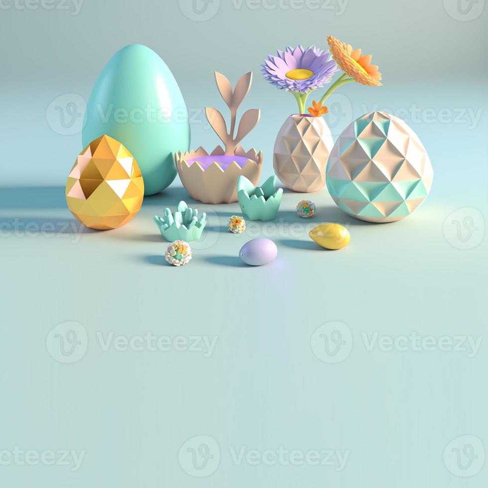 Happy Easter Background with 3D Easter Eggs and Flower for Promotion photo