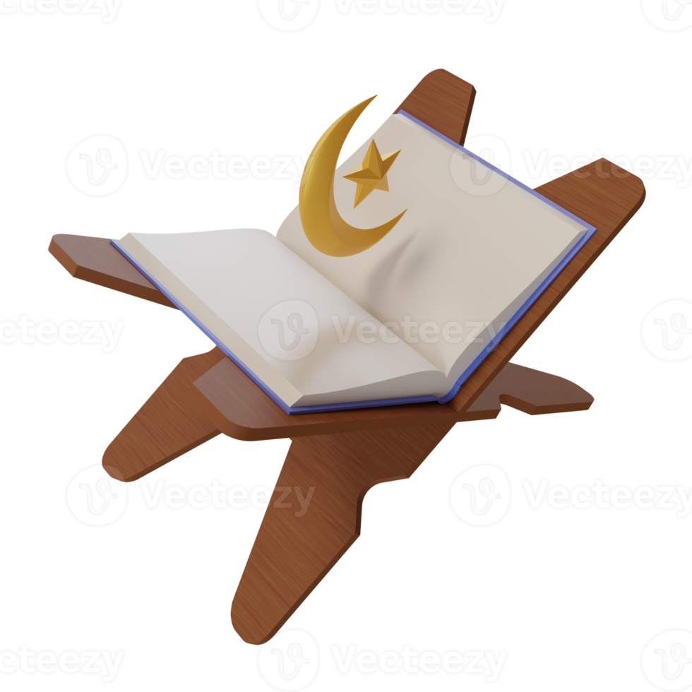 3d render illustration of al-quran with moon and star icon for decoration greeting card of ramadan and eid al fitr png