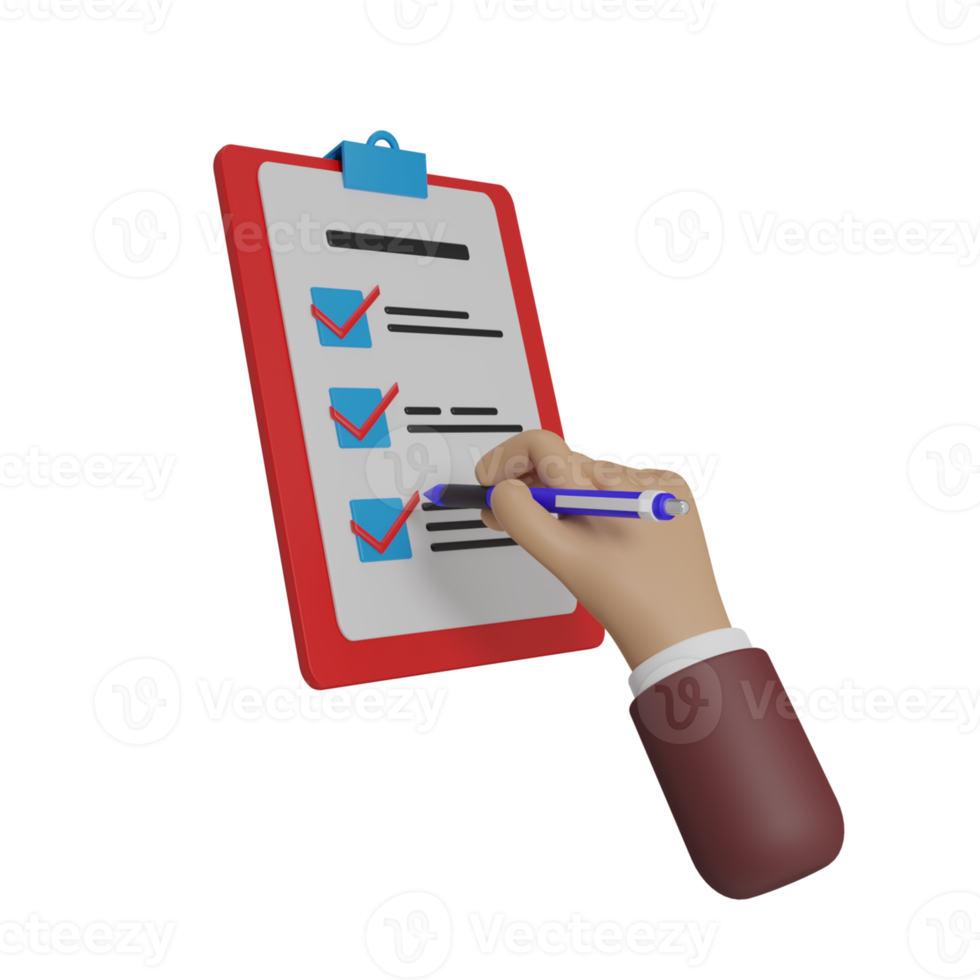 3d render hand holding ballpoint with checklist and markers, business illustration png