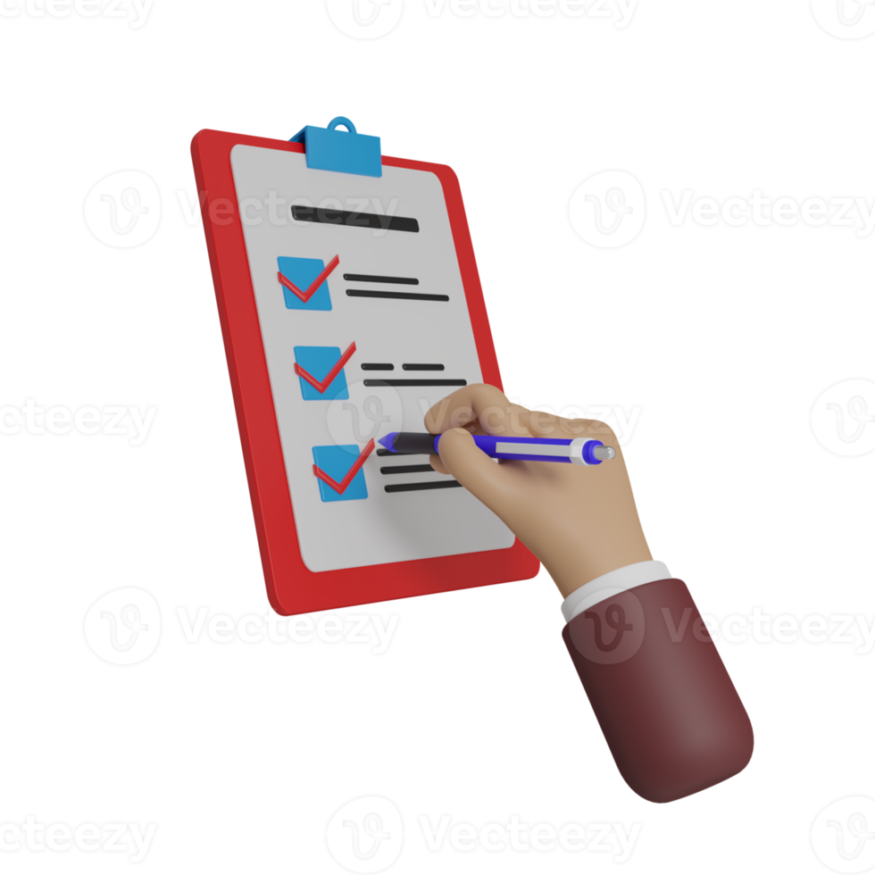 3D renderização de mão segurando esferográfica com lista de verificação e marcadores, ilustração de negócios png