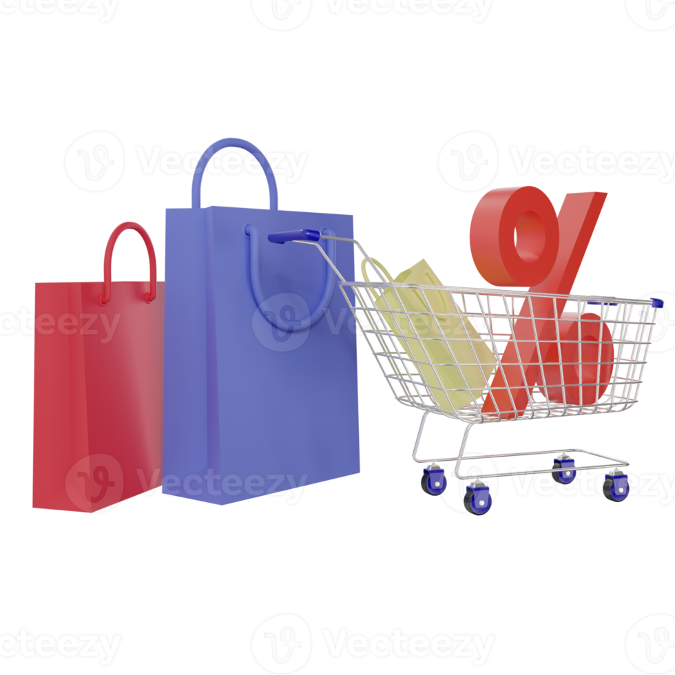 Shopping cart with shopping bags and percent symbol on green background. Grocery stroller. Discount concept. 3d rendering illustration png