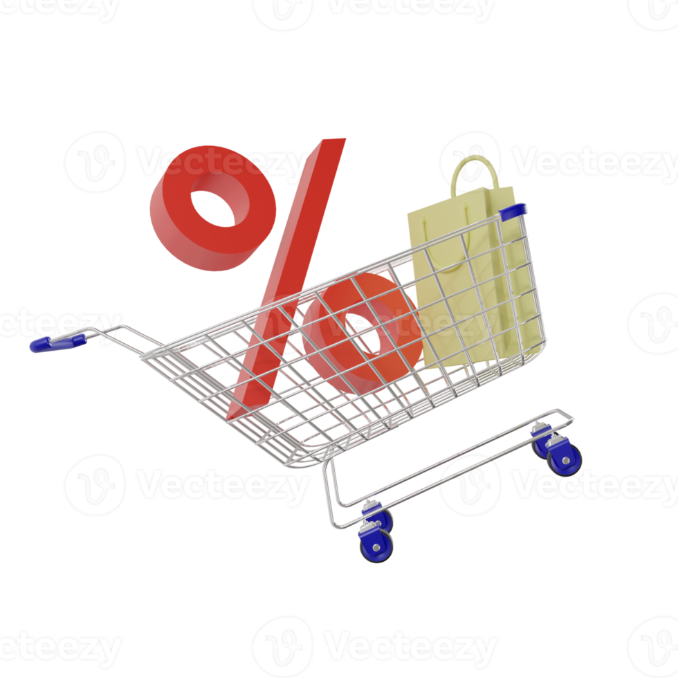 winkelwagentje met boodschappentassen en procentsymbool op groene achtergrond. boodschappen kinderwagen. kortingsconcept. 3D-rendering illustratie png