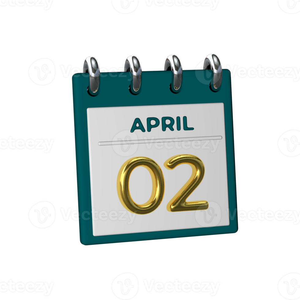 Monthly Calendar 02 April 3D Rendering png