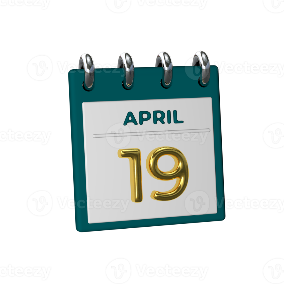 Monthly Calendar 19 April 3D Rendering png