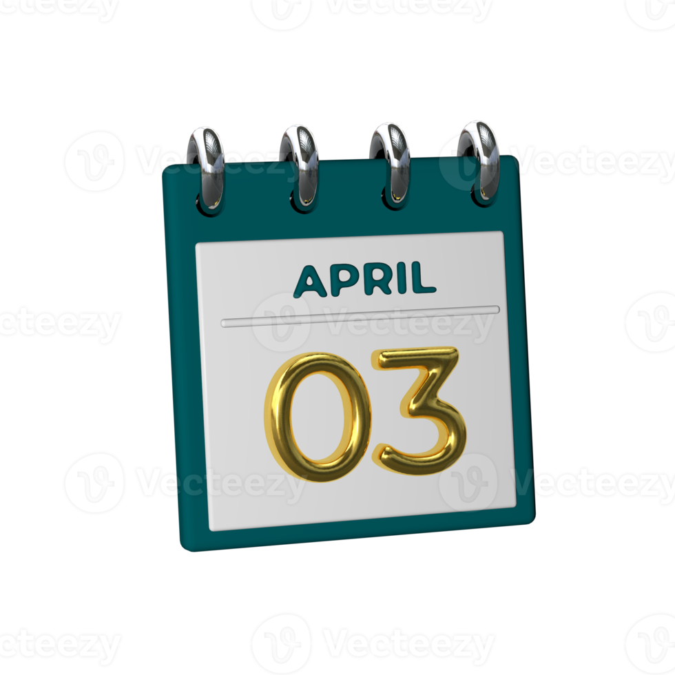 Monthly Calendar 03 April 3D Rendering png